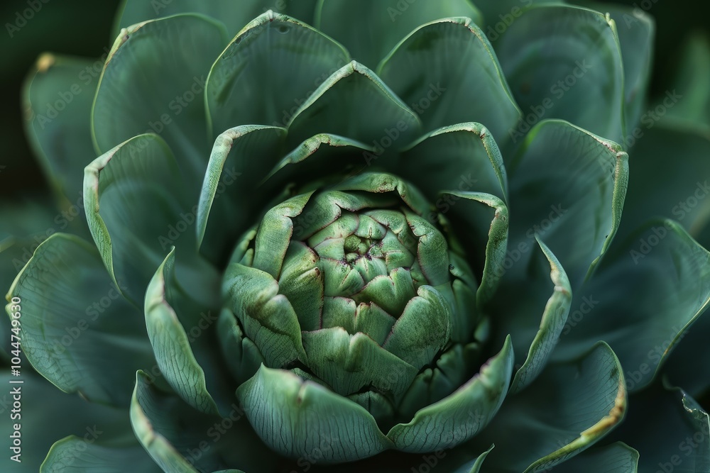 Fototapeta premium Artichoke growing in garden showing its beautiful textures and patterns in close up