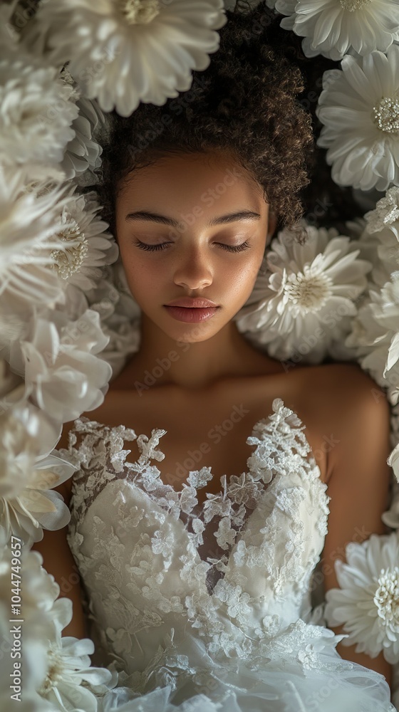 Woman in White Floral Dress, Portrait with Closed Eyes Woman in White Floral Dress, Portrait with Closed Eyes