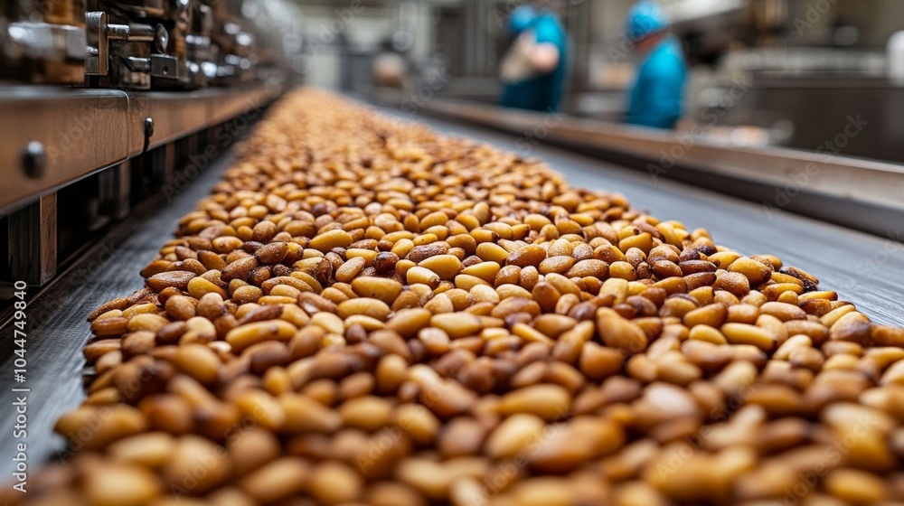 Obraz premium Toasted pine nuts on conveyor.