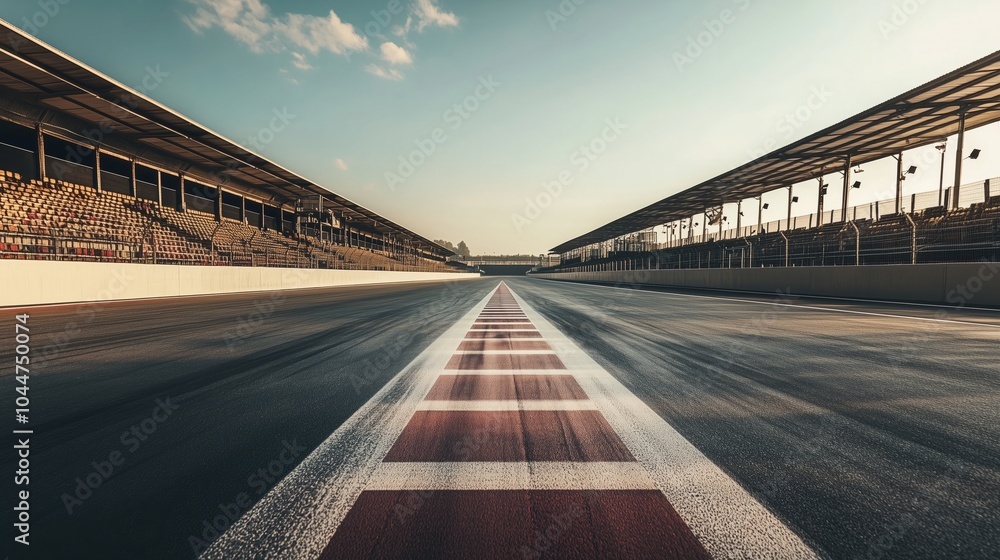 Obraz premium A dramatic, empty racing track under a clear sky, with spectator seats lining the sides. The stillness contrasts with the vibrant anticipation in the air, as if waiting for the action to begin.