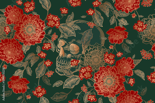 Red peonies and gold skulls. Seamless floral pattern.Vintage Vector