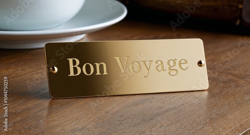 bon voyage engraved text on gold name plate sign 