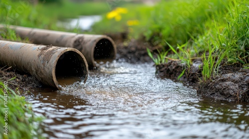 Flowing water from drainage pipes into green landscape