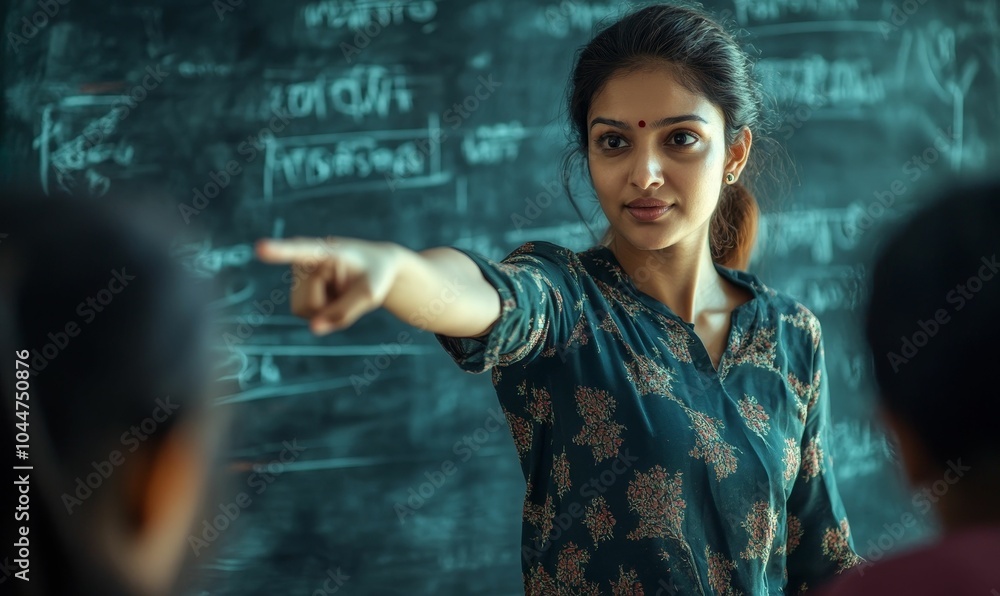 Woman points at chalkboard in classroom. Woman points at chalkboard in classroom.