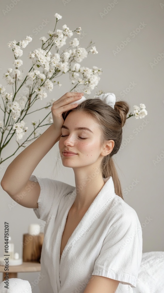 Naklejka premium Portrait of young Asian woman wearing white towel with hands on her head in spa room on beautiful decorative flower background