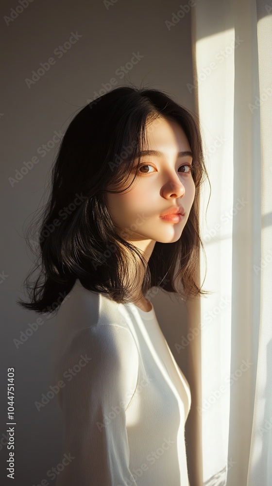 Portrait of a beautiful young Asian woman wearing white clothes standing near a window looking out Portrait of a beautiful young Asian woman wearing white clothes standing near a window looking out