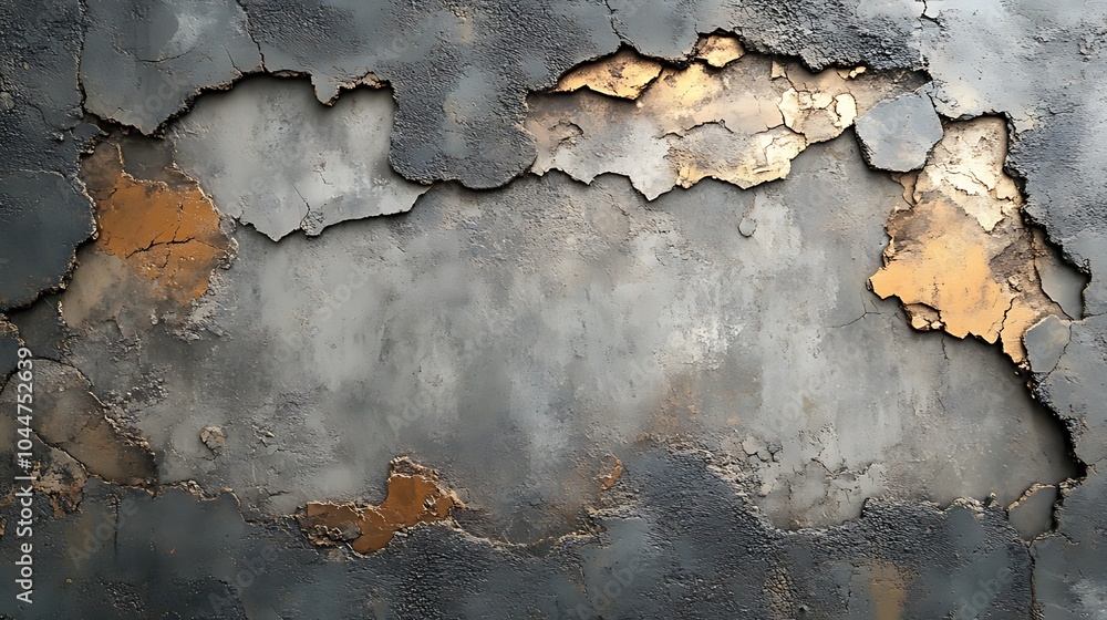 A weathered concrete wall with peeling paint revealing a layer of gold underneath. A weathered concrete wall with peeling paint revealing a layer of gold underneath.