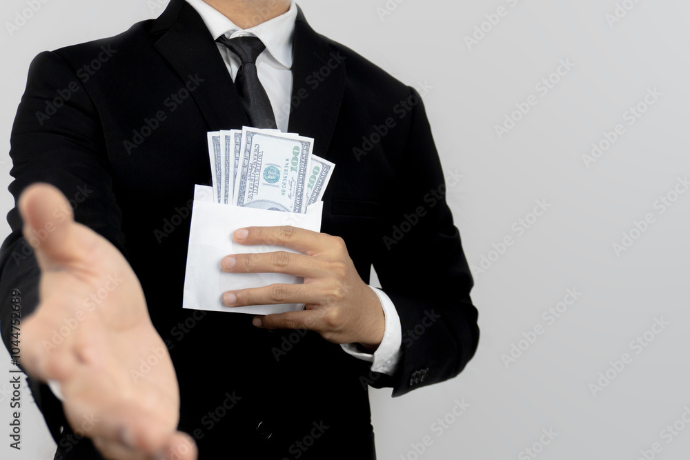 Young businessman give bribe with business partner on white background. corruption concept. Young businessman give bribe with business partner on white background. corruption concept.