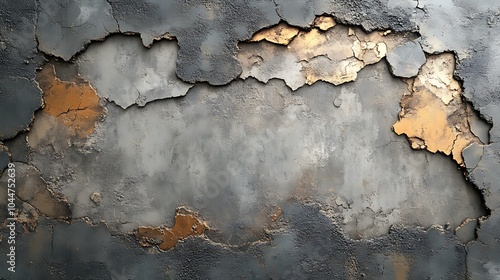 A weathered concrete wall with peeling paint revealing a layer of gold underneath.