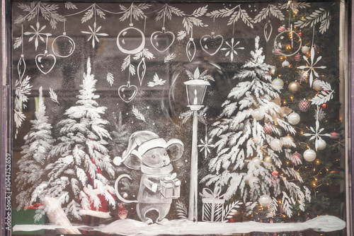 Hand painted Holiday or Christmas Decorations outside a restaurant or coffee shop window showcase in downtown. Christmas festival drawings on a glass.