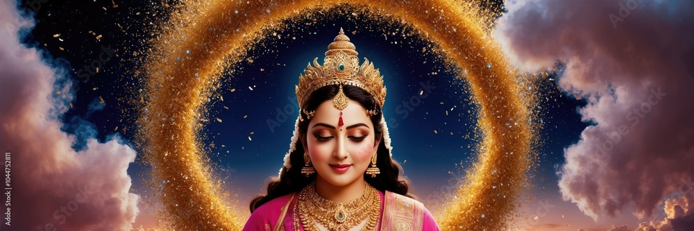 Goddess Lakshmi with gold confetti, symbol of prosperity and light for Diwali celebration in India and Fiji, panoramic banner Goddess Lakshmi with gold confetti, symbol of prosperity and light for Diwali celebration in India and Fiji, panoramic banner