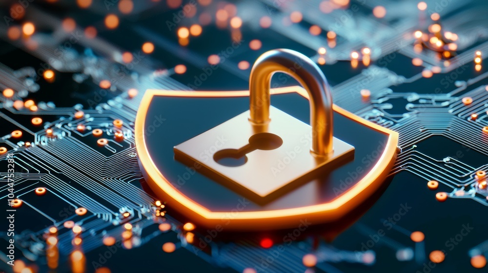 Fototapeta premium An icon of a shield with a digital lock hovering over binary code and data streams, symbolizing cybersecurity.