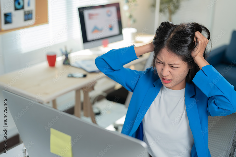 Young businesswoman is feeling the pressure while working at her desk in the office. She is pulling her hair out in frustration Young businesswoman is feeling the pressure while working at her desk in the office. She is pulling her hair out in frustration