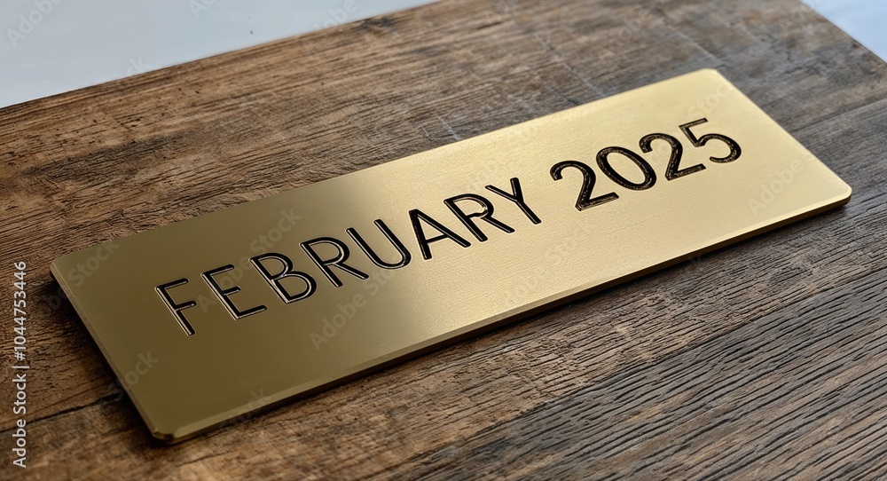 Obraz premium february 2025 engraved text on gold name plate sign 