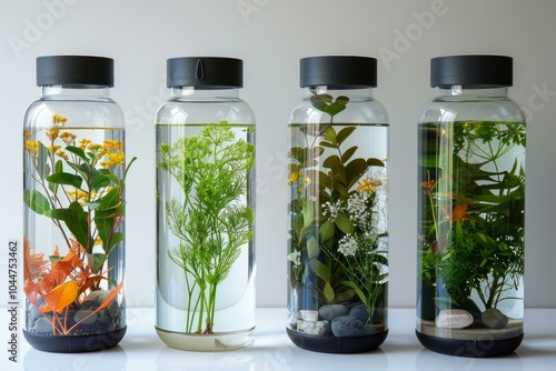 Four glass bottles containing different plants growing hydroponically in water with rocks at the bottom photo