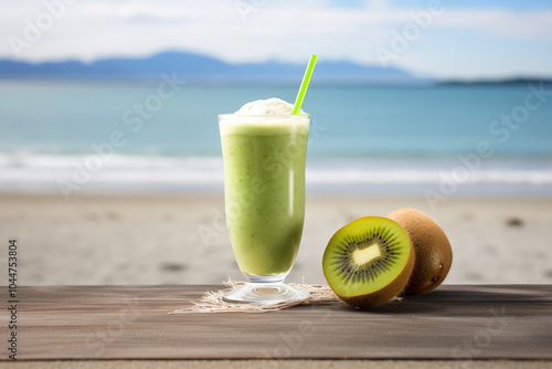 One glass of kiwi lime smoothie on wooden table by beach with sliced kiwi on the side in vibrant green color and creamy texturef relaxation and enjoyment concept photo