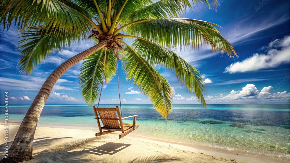 Tropical island beach scene with rocking chair hanging from palm tree over ocean Tropical island beach scene with rocking chair hanging from palm tree over ocean