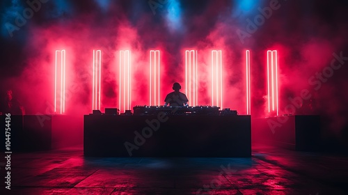 A DJ stands in front of a stage with neon lights, smoke, and fog.