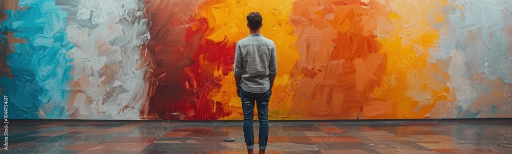 Obraz premium Painting of a man standing in front of a colorful painting, banner, copy space