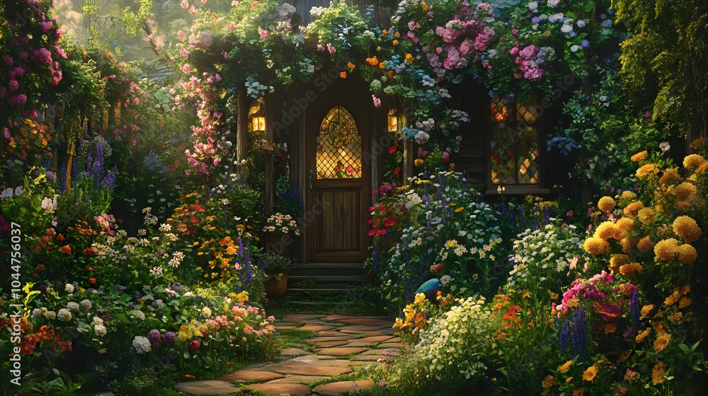 Fototapeta premium A charming cottage garden overflowing with a variety of blooming flowers, showcasing a quaint and inviting atmosphere.