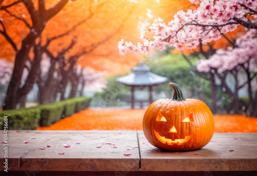 Jack-O-Lantern on Wooden Table with Autumn Leaves and Pink Flowers. photo