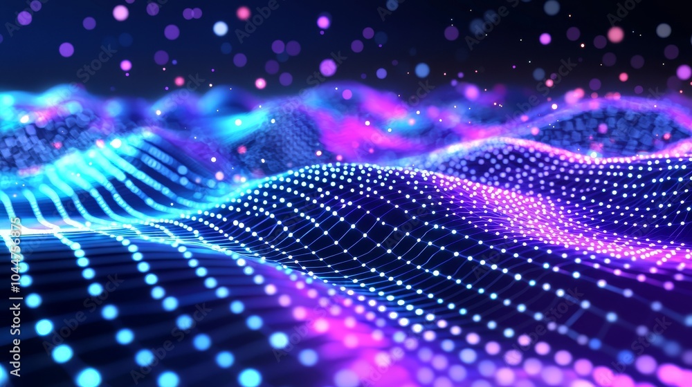 Particle flow. Elegant waves of colorful dust. Magical ripples through cyberspace. Data stream, virtual reality cyberspace. Soft bokeh, abstract background. 3D rendering. Particle flow. Elegant waves of colorful dust. Magical ripples through cyberspace. Data stream, virtual reality cyberspace. Soft bokeh, abstract background. 3D rendering.