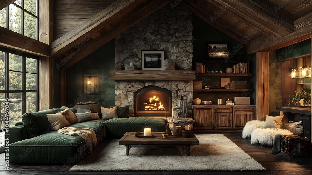 Cozy living room with a forest green sofa dark wood coffee table and a stone fireplace The space is adorned with rustic wooden accents warm lighting and soft fur throws for a cabin feel Cozy living room with a forest green sofa dark wood coffee table and a stone fireplace The space is adorned with rustic wooden accents warm lighting and soft fur throws for a cabin feel