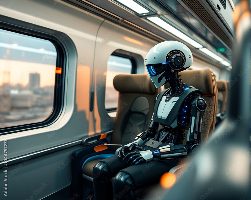 Robots from the future are traveling by electric train. Robots from the future are traveling by electric train.