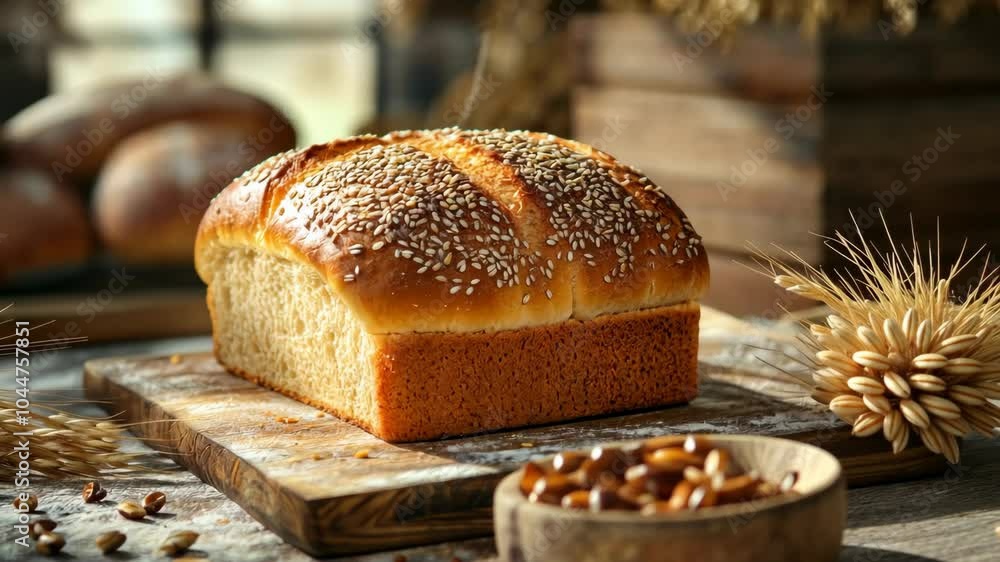 A freshly baked loaf of bread, topped with sesame seeds, sits on a wooden board A freshly baked loaf of bread, topped with sesame seeds, sits on a wooden board