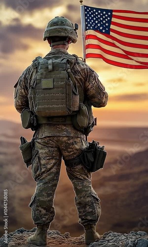 The American flag with a soldier in the early morning. Veterans Day.
