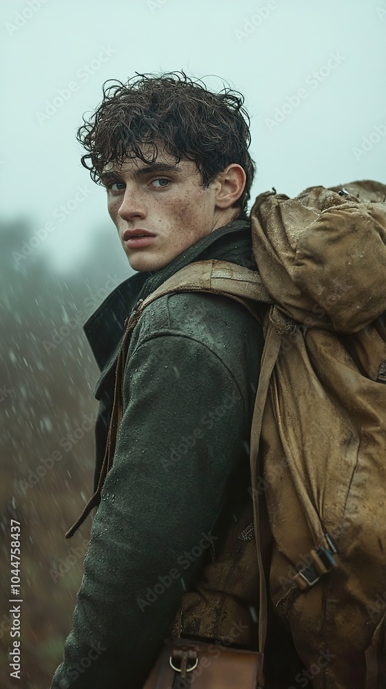 Young Man in Rain with Backpack - Dramatic Portrait Young Man in Rain with Backpack - Dramatic Portrait