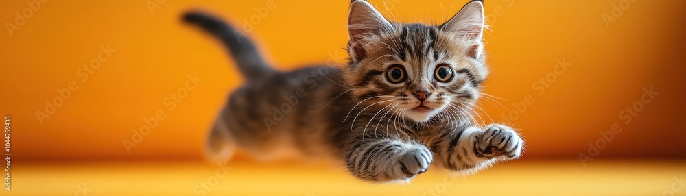 Playful kitten leaping joyously against a vivid yellow backdrop Playful kitten leaping joyously against a vivid yellow backdrop