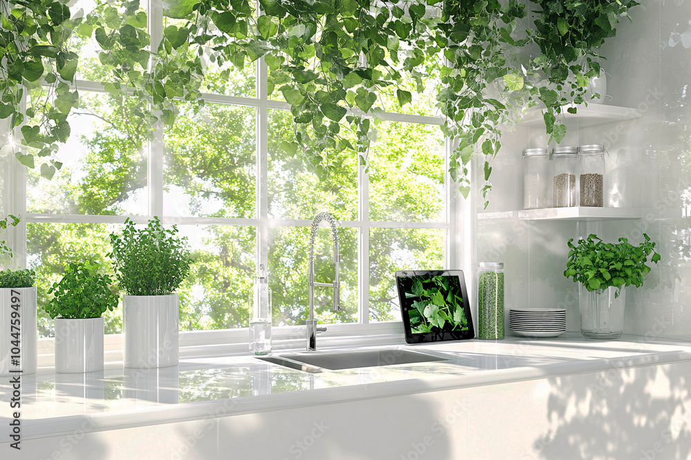 A tranquil kitchen scene with fresh herbs, vegetables and a tablet showcasing a Green Monday recipe, blending eco-friendly cooking A tranquil kitchen scene with fresh herbs, vegetables and a tablet showcasing a Green Monday recipe, blending eco-friendly cooking