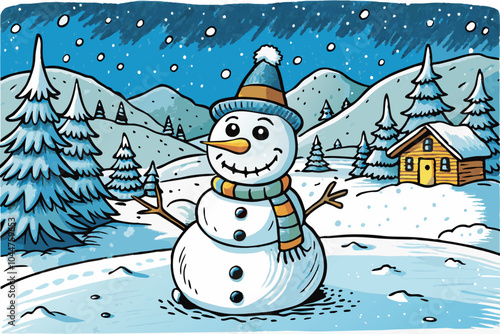 snowman and christmas tree vector cartoon illustration, hand drawn sketch