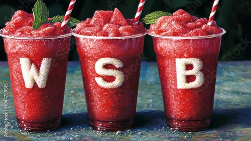 Three cups of red slushies with white letters spelling WSB sit on a blue table photo