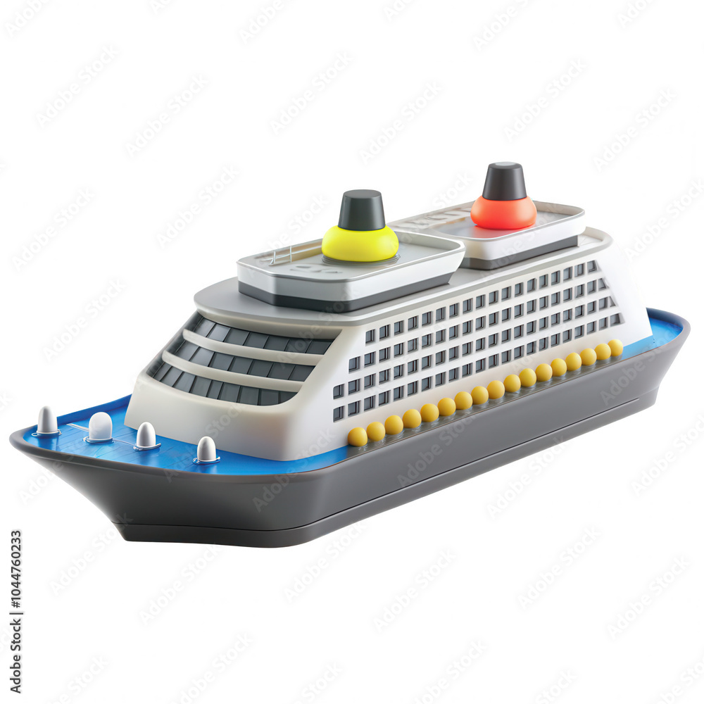 A colorful cruise ship model with a blue hull and detailed decks, showcasing designed features like yellow and black funnels, surrounded by water. A colorful cruise ship model with a blue hull and detailed decks, showcasing designed features like yellow and black funnels, surrounded by water.