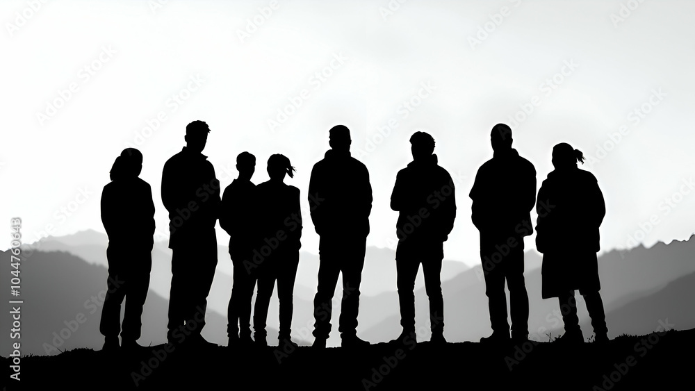 © shri radha - Seven silhouettes of people are standing on a mountaintop, looking out at a misty valley. The background is a white and gray sky with mountains in the distance. © shri radha - Seven silhouettes of people are standing on a mountaintop, looking out at a misty valley. The background is a white and gray sky with mountains in the distance.
