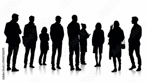 A group of nine people are standing in a line, their silhouettes are black against a white background. They are casually dressed and seem to be looking at something in the distance.  photo