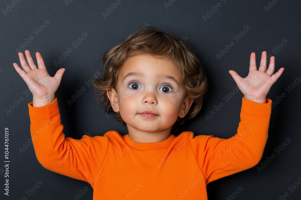 Young child wearing an orange shirt is looking up at the camera with wide eyes. The child's arms are raised, and the overall mood of the image is playful and curious. funny child Young child wearing an orange shirt is looking up at the camera with wide eyes. The child's arms are raised, and the overall mood of the image is playful and curious. funny child