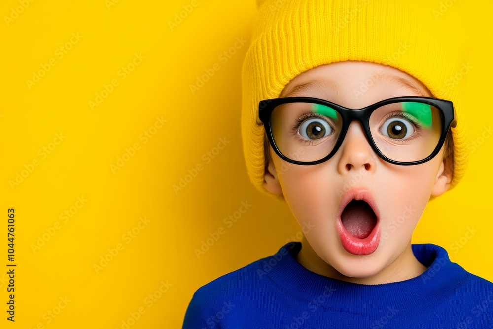 Young boy wearing a yellow hat and glasses with his mouth wide open. The boy's eyes are wide open and his mouth is open. funny child, professional photo, empty space for copying right Young boy wearing a yellow hat and glasses with his mouth wide open. The boy's eyes are wide open and his mouth is open. funny child, professional photo, empty space for copying right