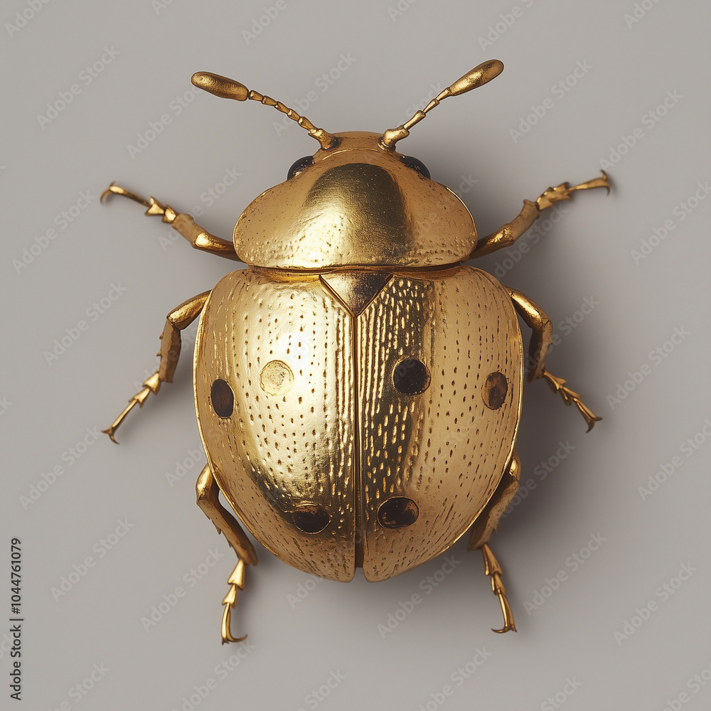A golden ladybug with etched dots on its back A golden ladybug with etched dots on its back