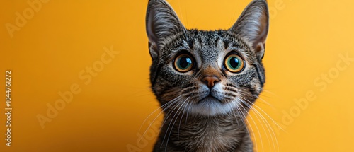 Surprised tabby cat with wide eyes against a bright yellow background photo