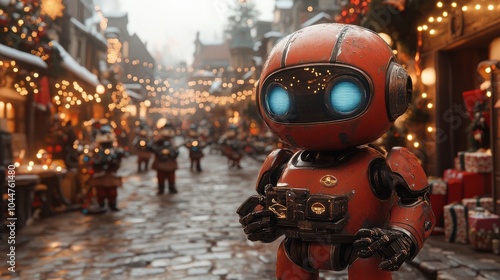 Cute Christmas Robot Amidst a Festive Holiday Market