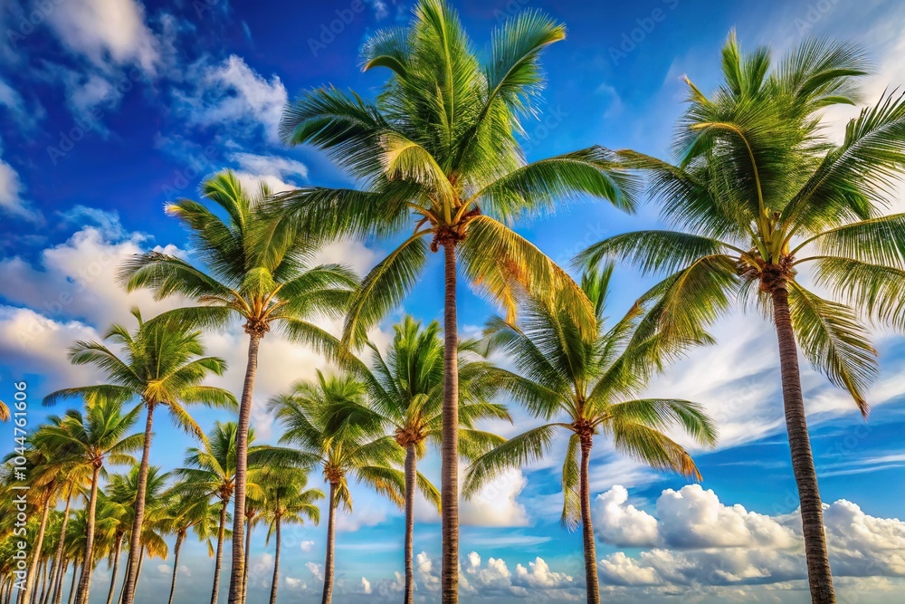 Tropical palm trees swaying in the breeze, rustling fronds Tropical palm trees swaying in the breeze, rustling fronds