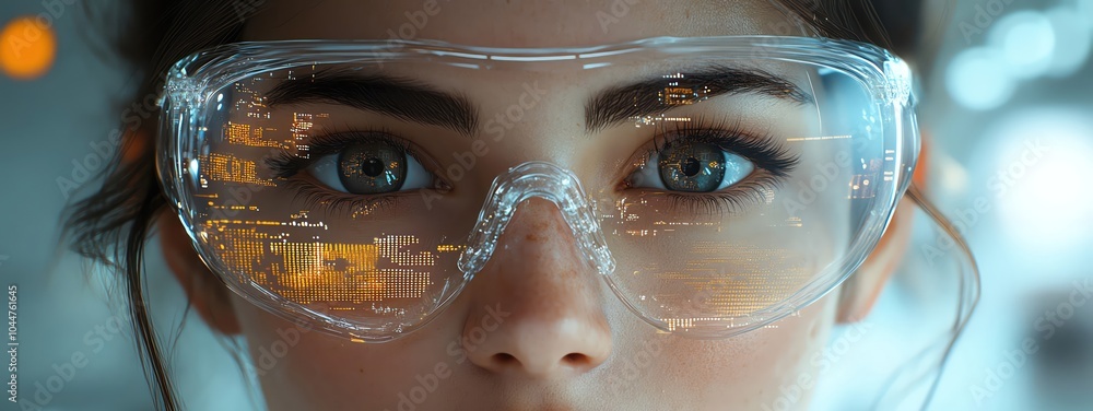 Woman in clear safety glasses, in a futuristic lab with digital maps behind her Woman in clear safety glasses, in a futuristic lab with digital maps behind her