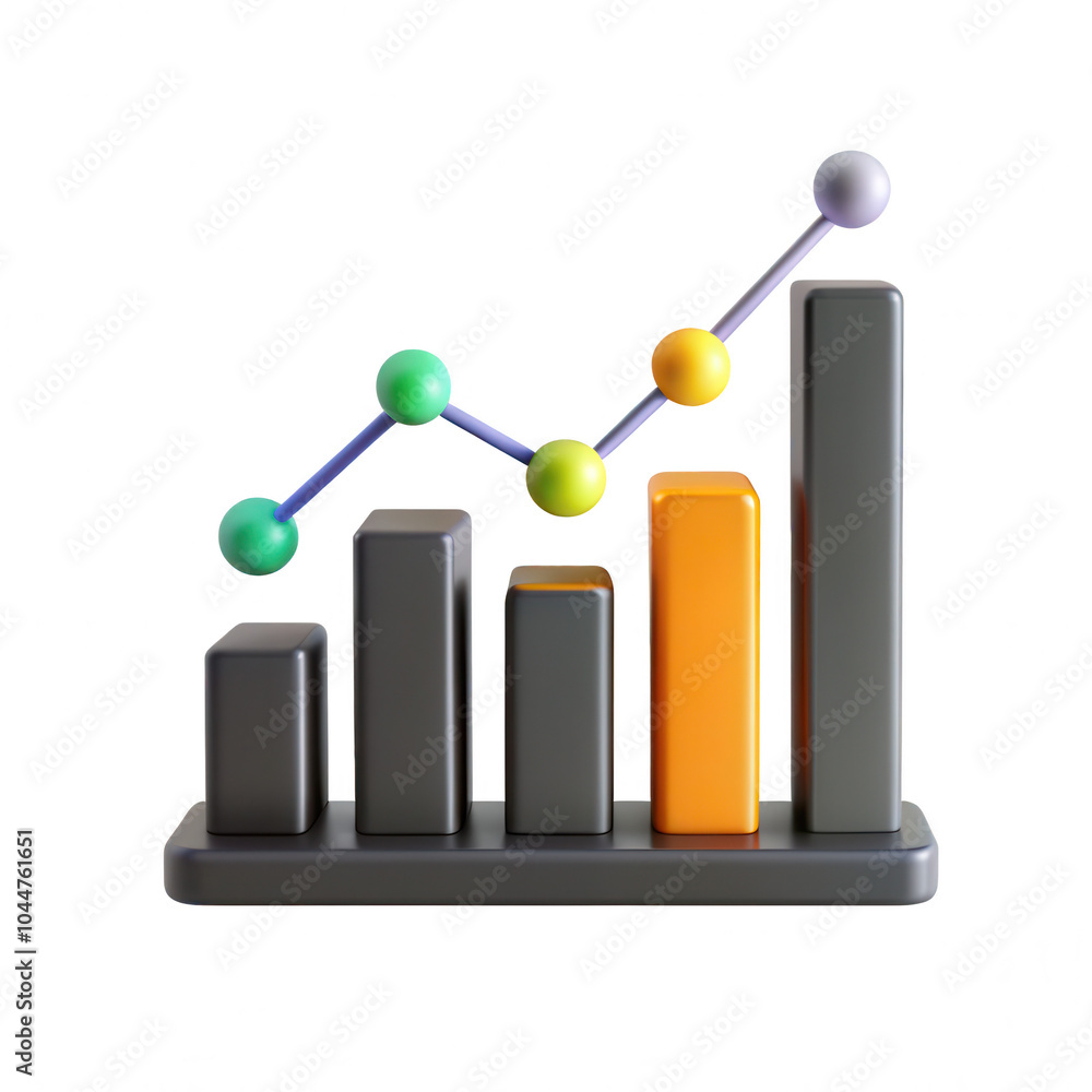 A 3D rendered bar chart with various colored bars and ascending trend line, representing data visualization concepts in a modern design. A 3D rendered bar chart with various colored bars and ascending trend line, representing data visualization concepts in a modern design.