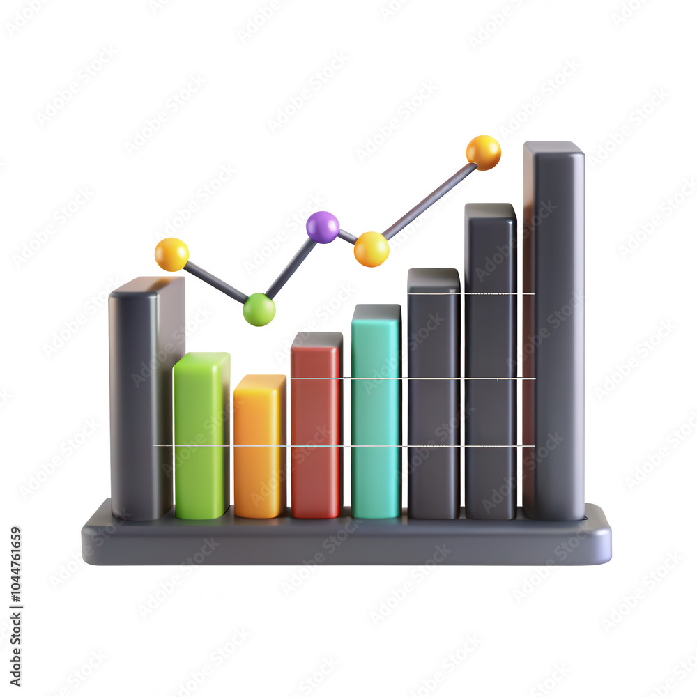 A colorful 3D bar graph displaying different data points with colorful data points and a line chart. Useful for visual data representation. A colorful 3D bar graph displaying different data points with colorful data points and a line chart. Useful for visual data representation.
