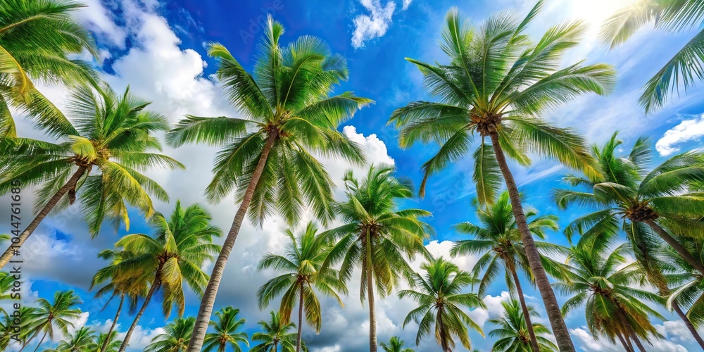 Obraz premium Tropical palm trees with blue sky and white clouds background photographed at tilted angle