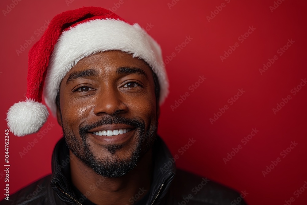 Man wearing a red Santa hat and smiling. The man is wearing a black jacket and a red background. happy black man wearing a santa's hat for christmas on red background with copy space Man wearing a red Santa hat and smiling. The man is wearing a black jacket and a red background. happy black man wearing a santa's hat for christmas on red background with copy space