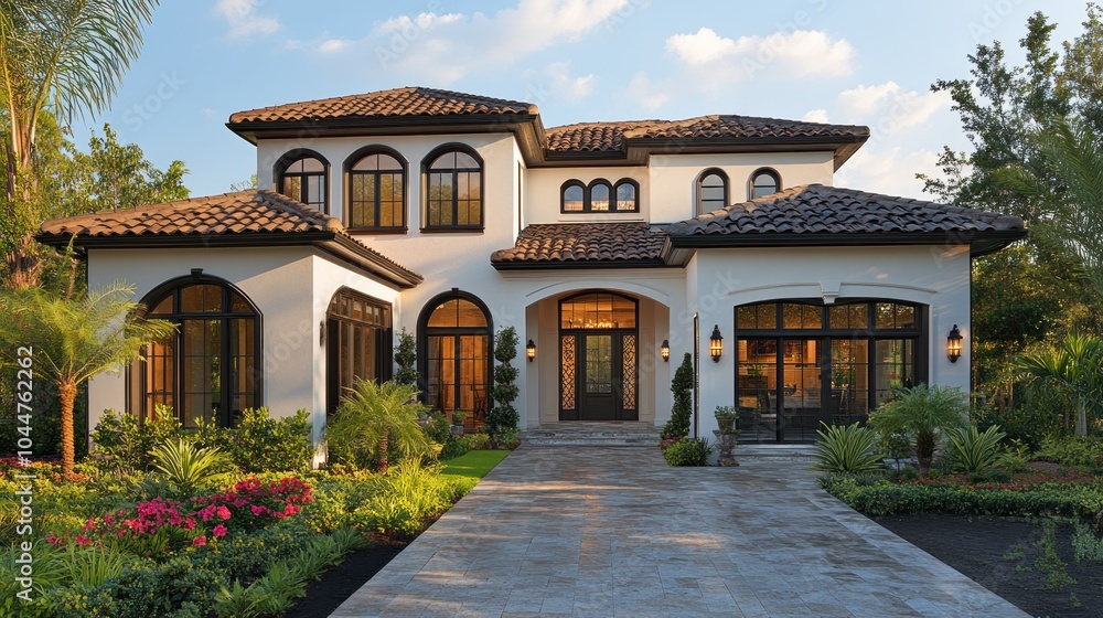 Fototapeta premium Elegant modern home with lush landscaping and inviting entrance.